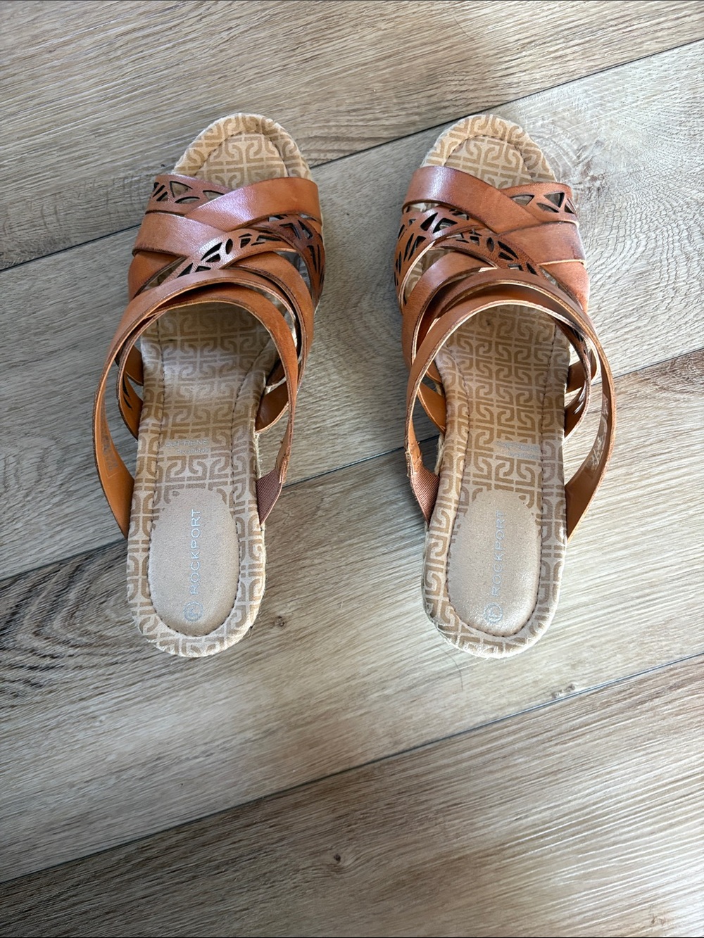 Women's Tan Leather Slide Sandals with Cutout Detail. Rockport.